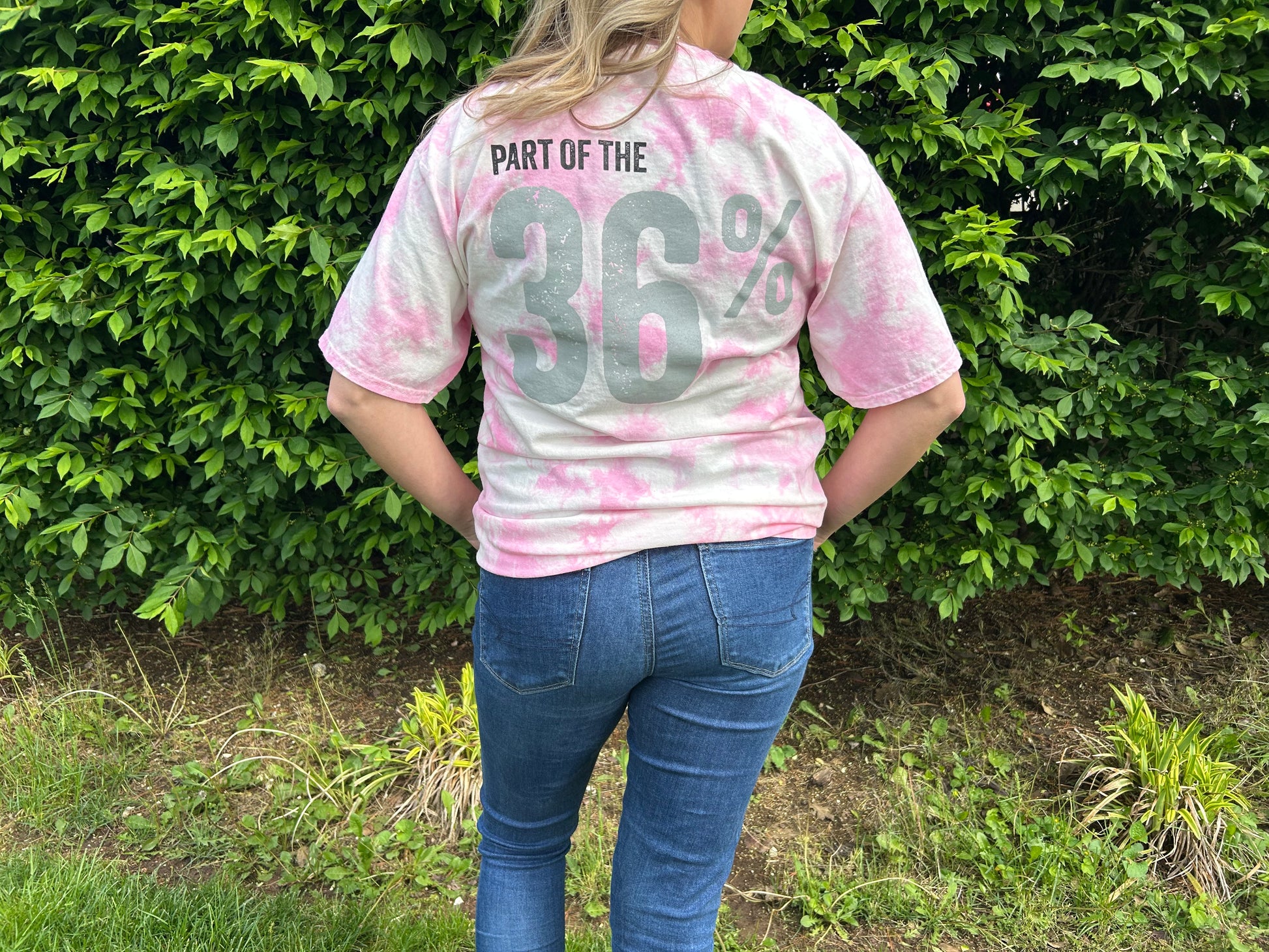 36% Shirt by Pink Tractor, pink tie-dye unisex tee supporting women in agriculture.