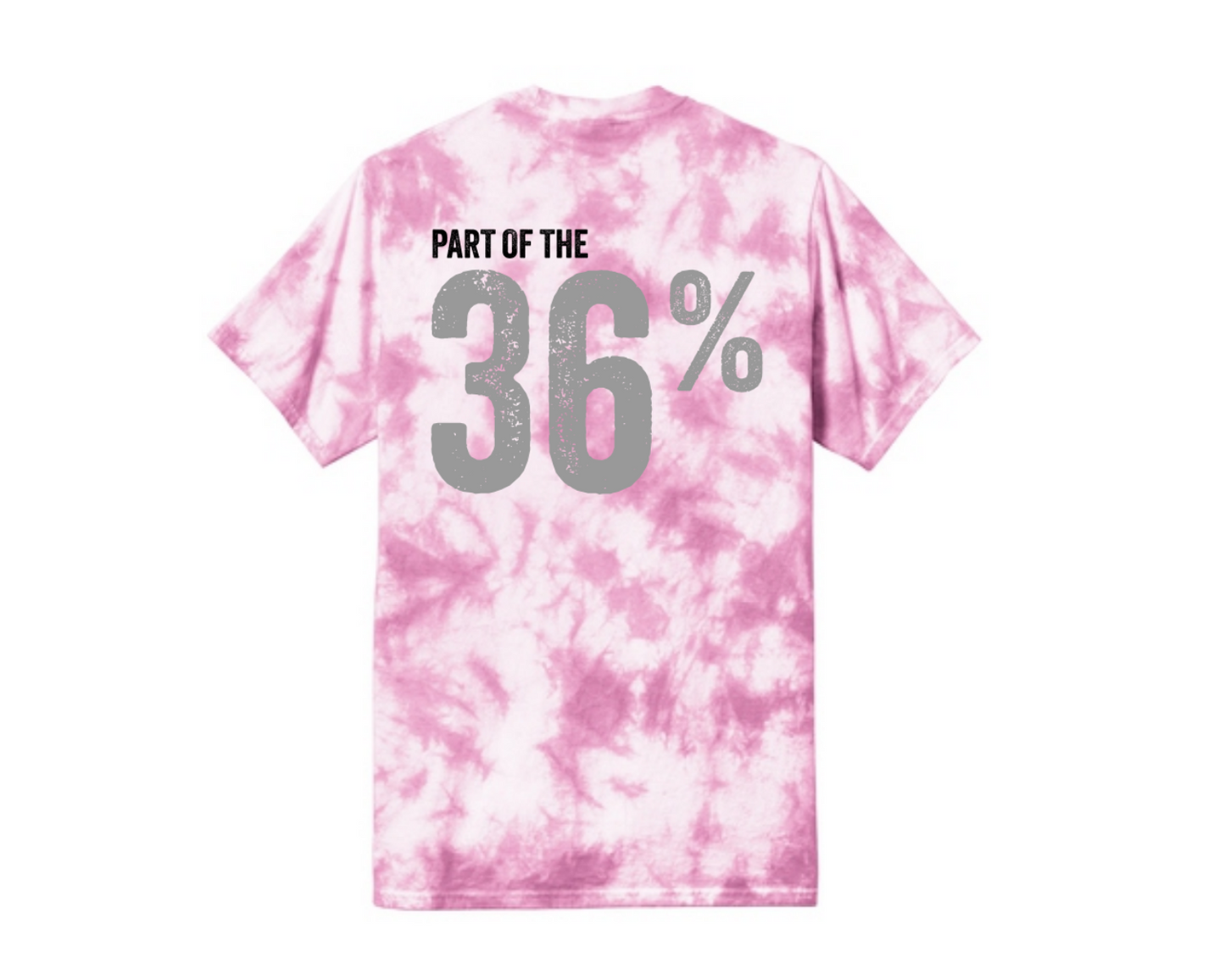 36% Shirt by Pink Tractor, pink tie-dye unisex tee supporting women in agriculture.