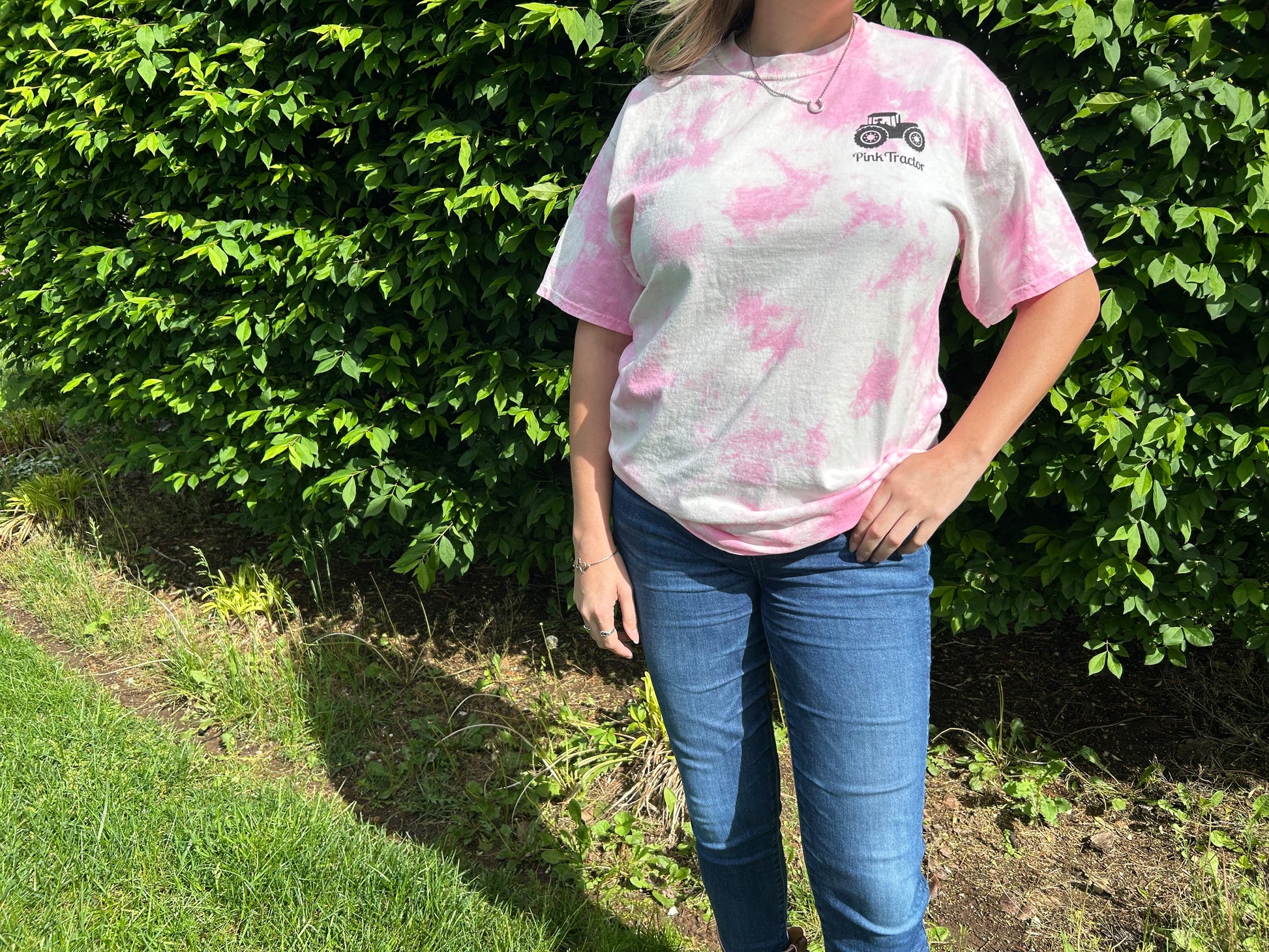 36% Shirt by Pink Tractor, pink tie-dye unisex tee supporting women in agriculture.