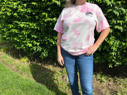 36% Shirt by Pink Tractor, pink tie-dye unisex tee supporting women in agriculture.