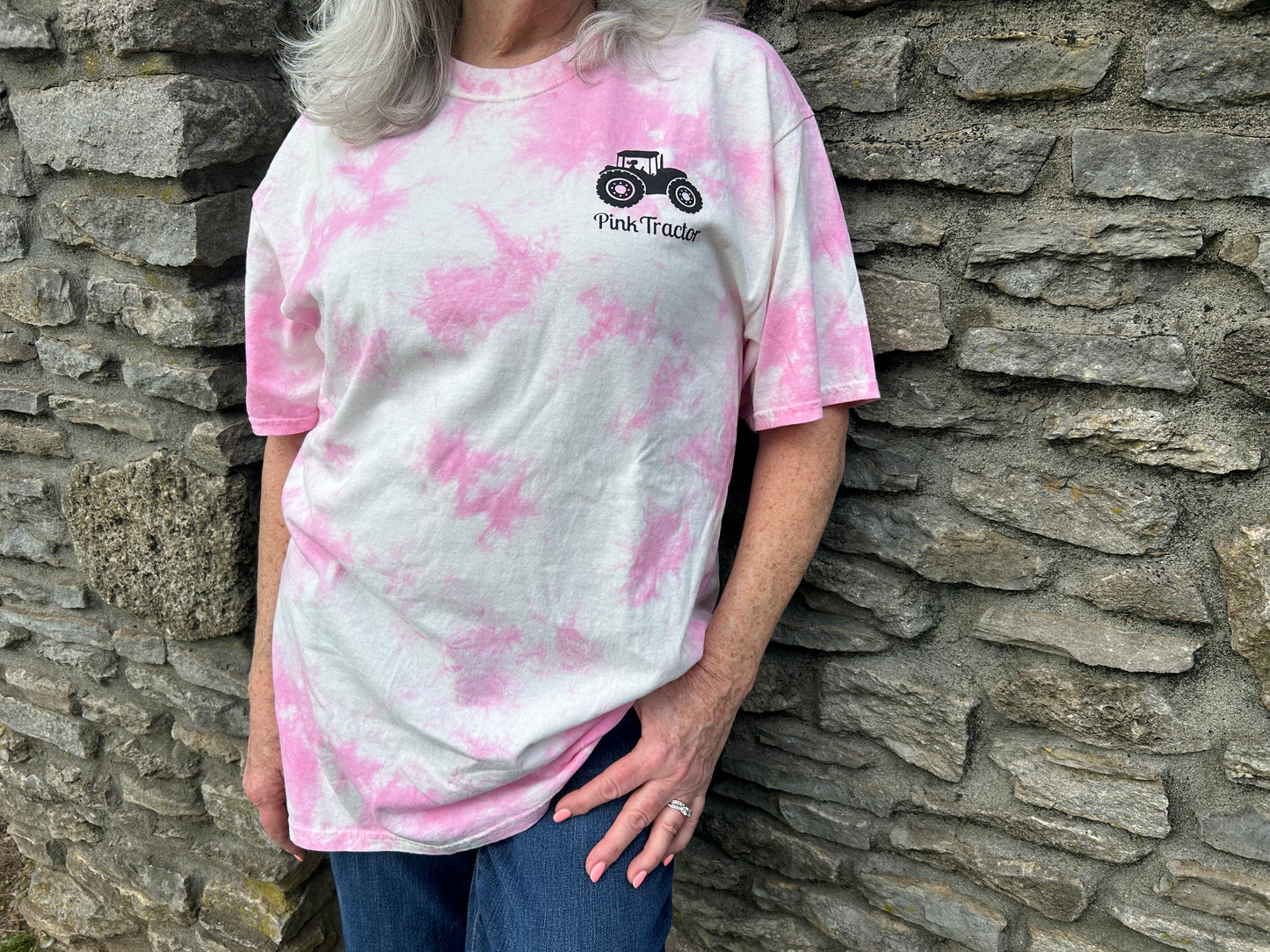 36% Shirt by Pink Tractor, pink tie-dye unisex tee supporting women in agriculture.