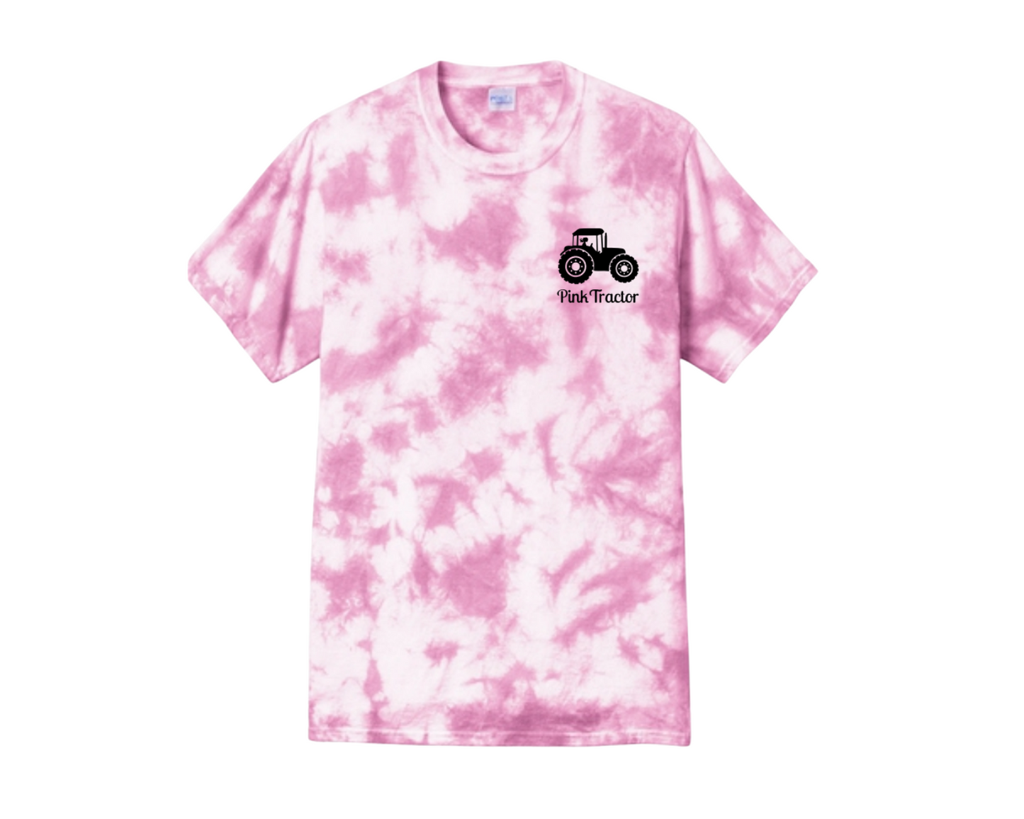 36% Shirt by Pink Tractor, pink tie-dye unisex tee supporting women in agriculture.