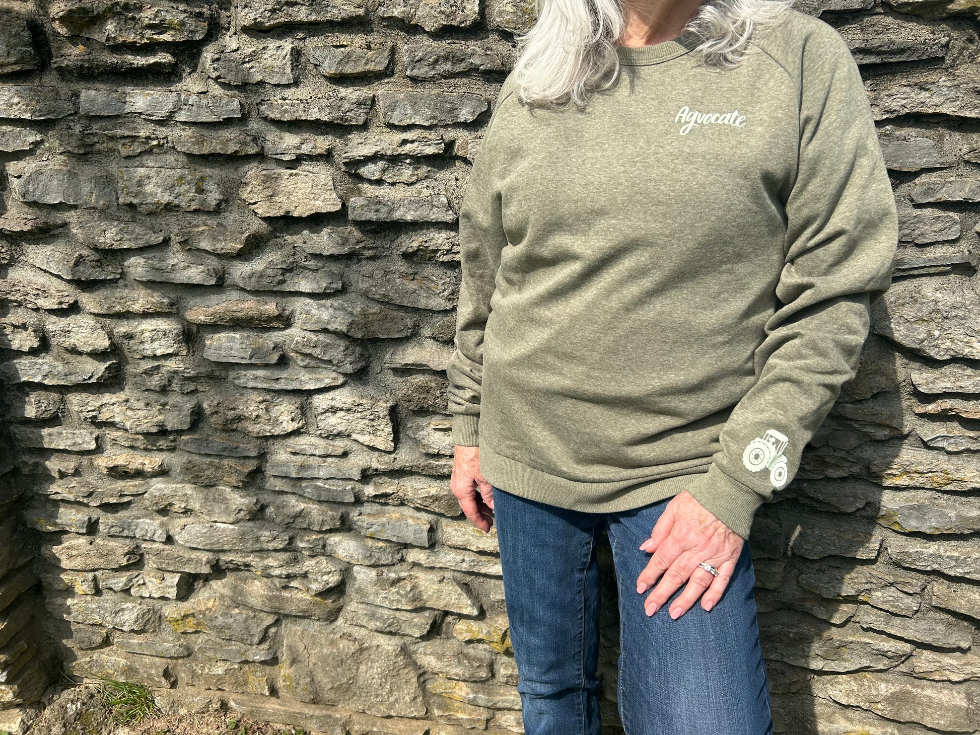 Agvocate Crewneck in olive green by Pink Tractor, unisex sweatshirt for women in agriculture.
