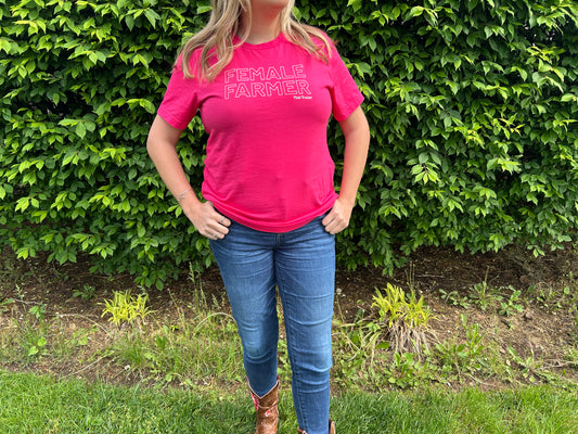 Female Farmer Shirt by Pink Tractor, fuchsia Bella + Canvas unisex tee made of 100% ring-spun cotton.