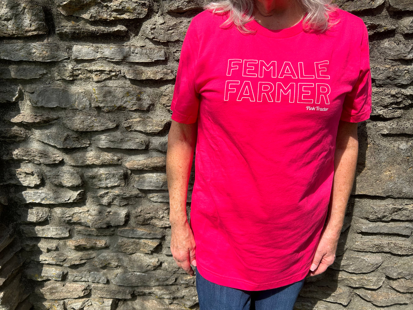 Female Farmer Shirt by Pink Tractor, fuchsia Bella + Canvas unisex tee made of 100% ring-spun cotton.