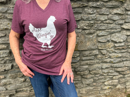 Just Wingin' It V-Neck Shirt by Pink Tractor, maroon triblend unisex tee for women in agriculture.