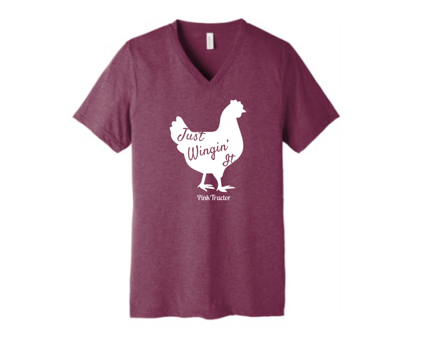 Just Wingin' It V-Neck Shirt by Pink Tractor, maroon triblend unisex tee for women in agriculture.