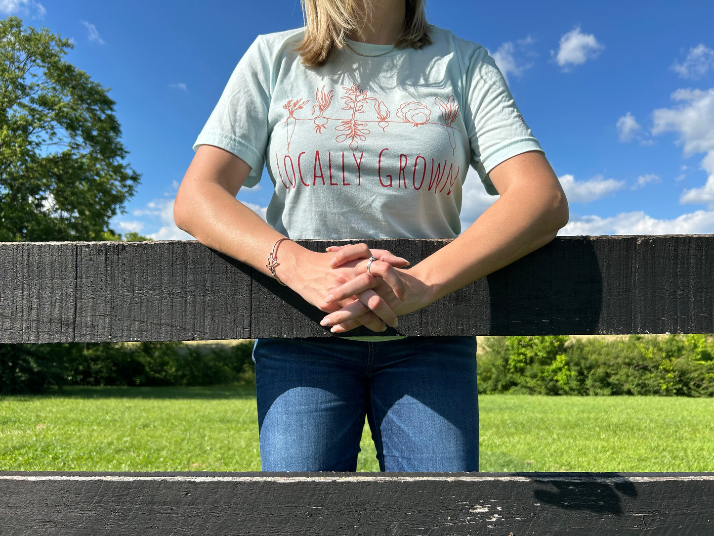 Locally Grown Shirt by Pink Tractor, super soft Bella and Canvas tee with Pink Tractor logo on left sleeve.