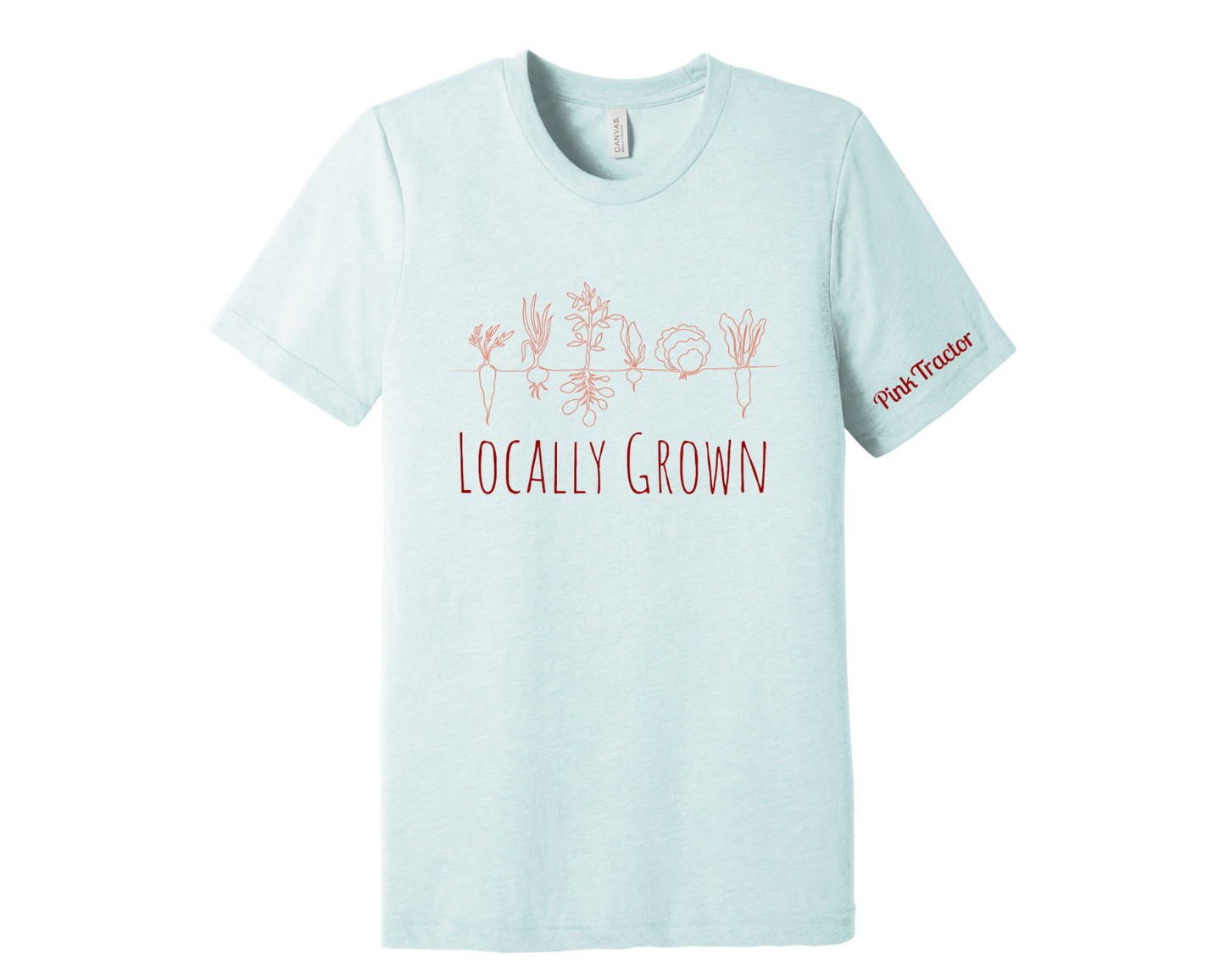 Locally Grown Shirt by Pink Tractor, super soft Bella and Canvas tee with Pink Tractor logo on left sleeve.
