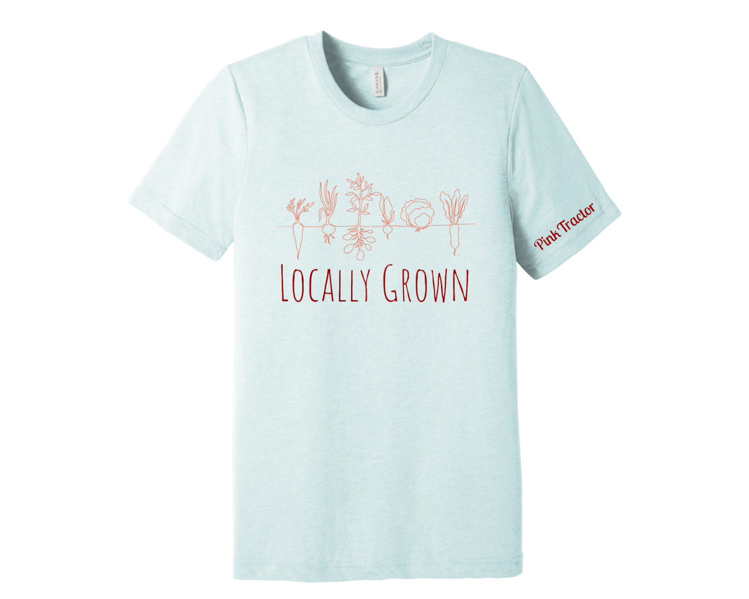 Locally Grown Shirt by Pink Tractor, super soft Bella and Canvas tee with Pink Tractor logo on left sleeve.