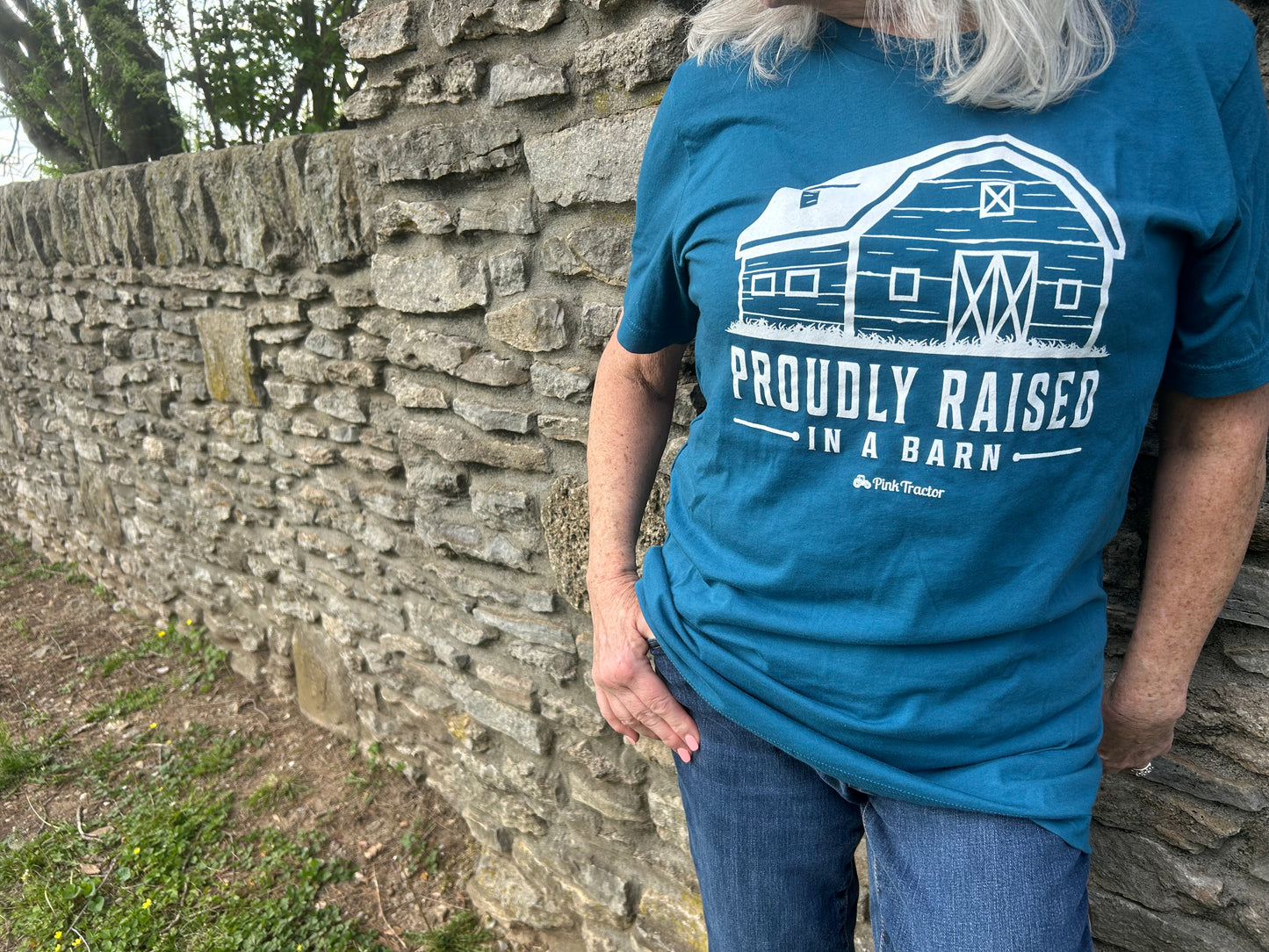 Raised In A Barn Shirt by Pink Tractor, unisex tee celebrating farm life.
