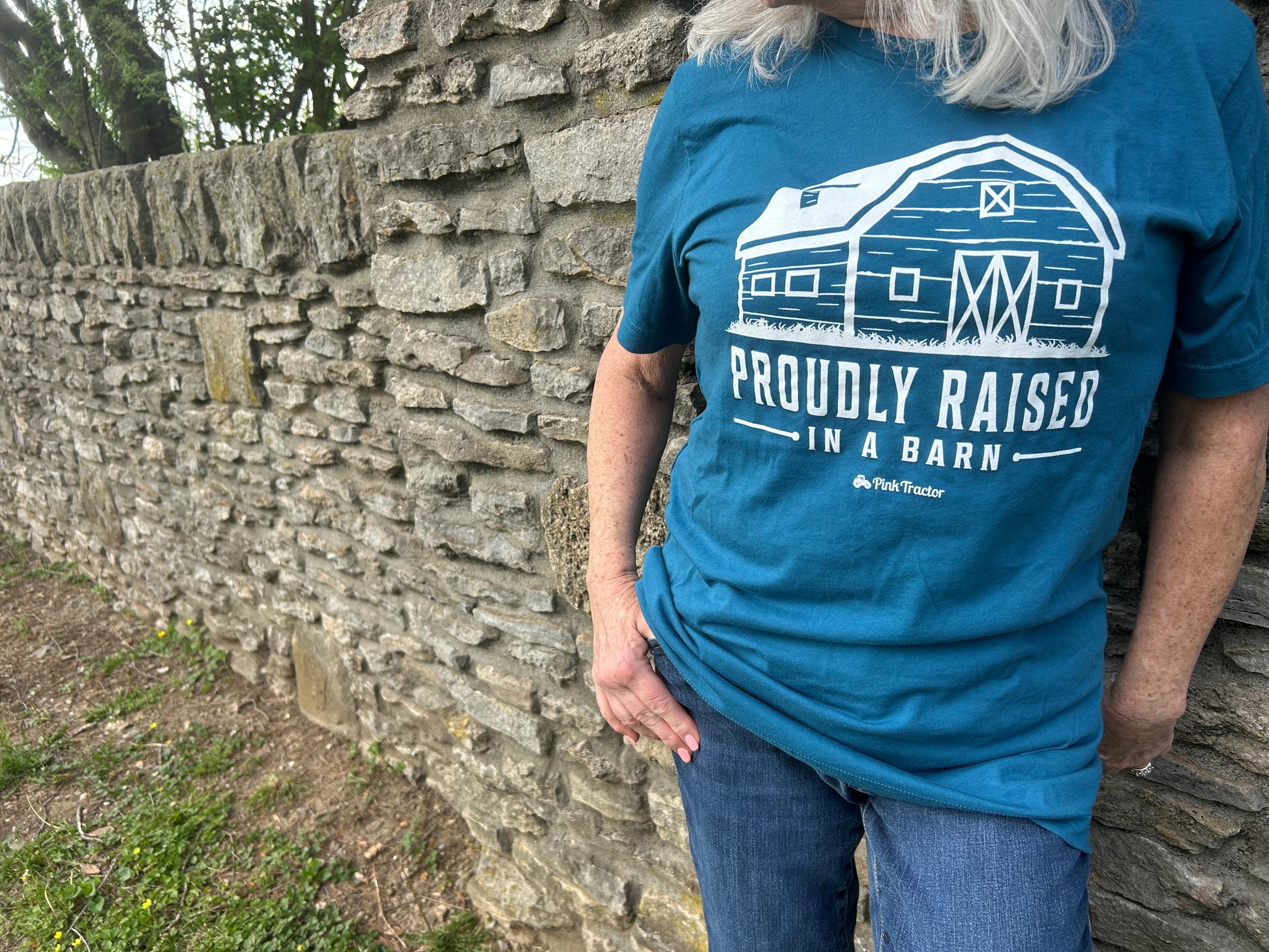 Raised In A Barn Shirt by Pink Tractor, unisex tee celebrating farm life.