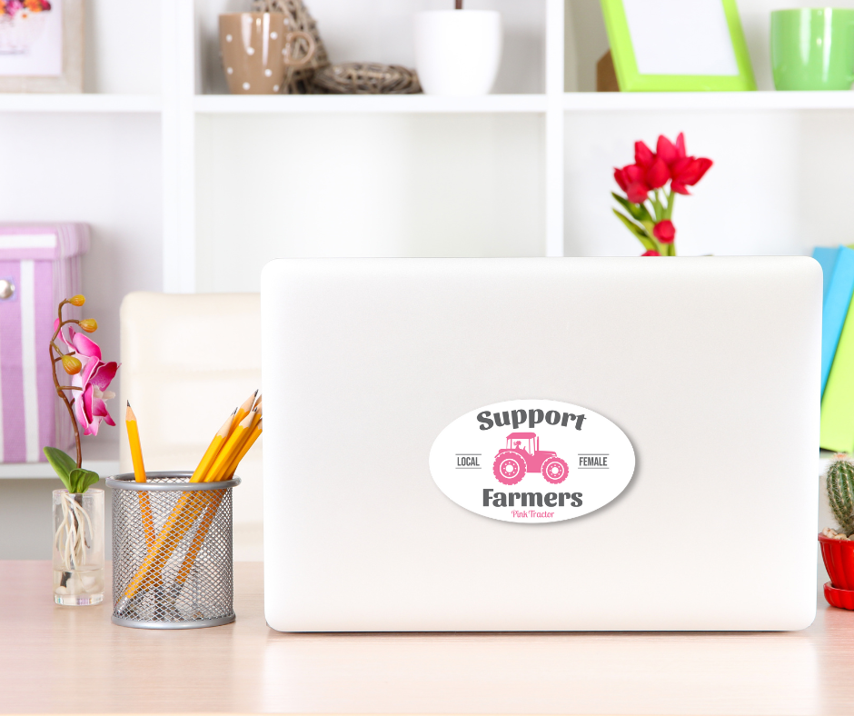 Support Local Female Farmers Sticker by Pink Tractor, 3" x 5" durable vinyl decal advocating for women in agriculture.