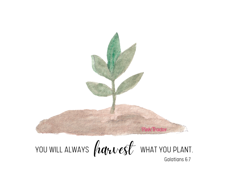 Galatians 6:7 sticker by Pink Tractor, 3" x 2.53" vinyl decal featuring the biblical verse for women in agriculture.