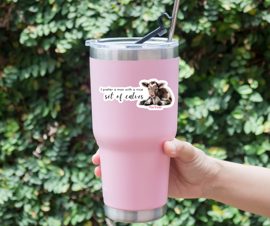 Nice Calves Sticker by Pink Tractor, 4" x 1.68" vinyl decal with a playful ag pun.