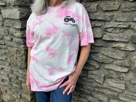 36% Shirt by Pink Tractor, pink tie-dye unisex tee supporting women in agriculture.